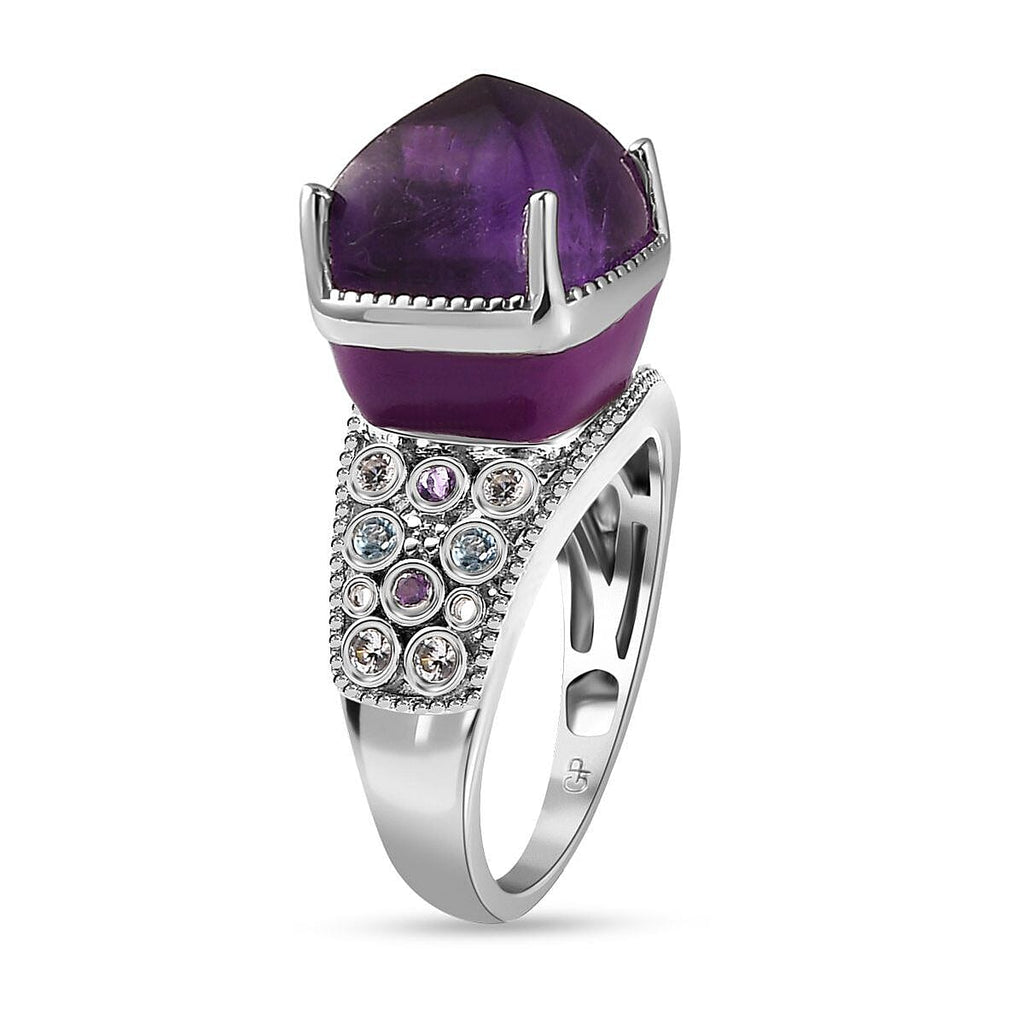 GP Art Deco Collection - Amethyst, Swiss Blue Topaz and Multi Gemstone Ring in Platinum Overlay Sterling Silver 5.95 Ct, Silver Wt. 5.00 Gms