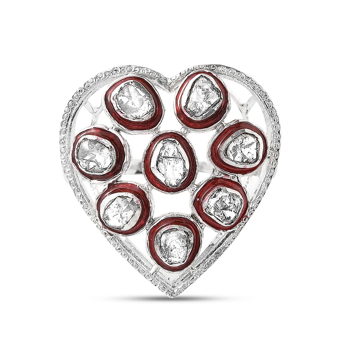 GP Amore Collection - Polki Diamond Heart Ring in Platinum Overlay Sterling Silver 0.51 Ct, Silver Wt. 6.00 Gms 7630835 0