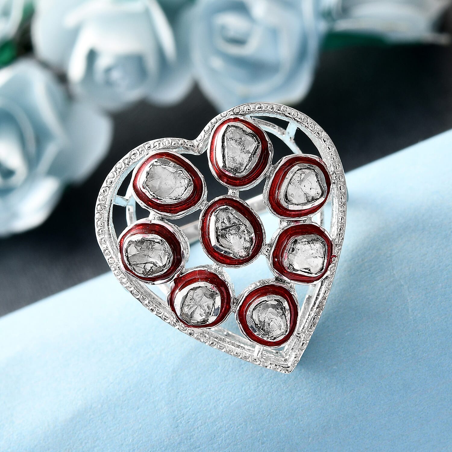 GP Amore Collection - Polki Diamond Heart Ring in Platinum Overlay Sterling Silver 0.51 Ct, Silver Wt. 6.00 Gms 7630835 1