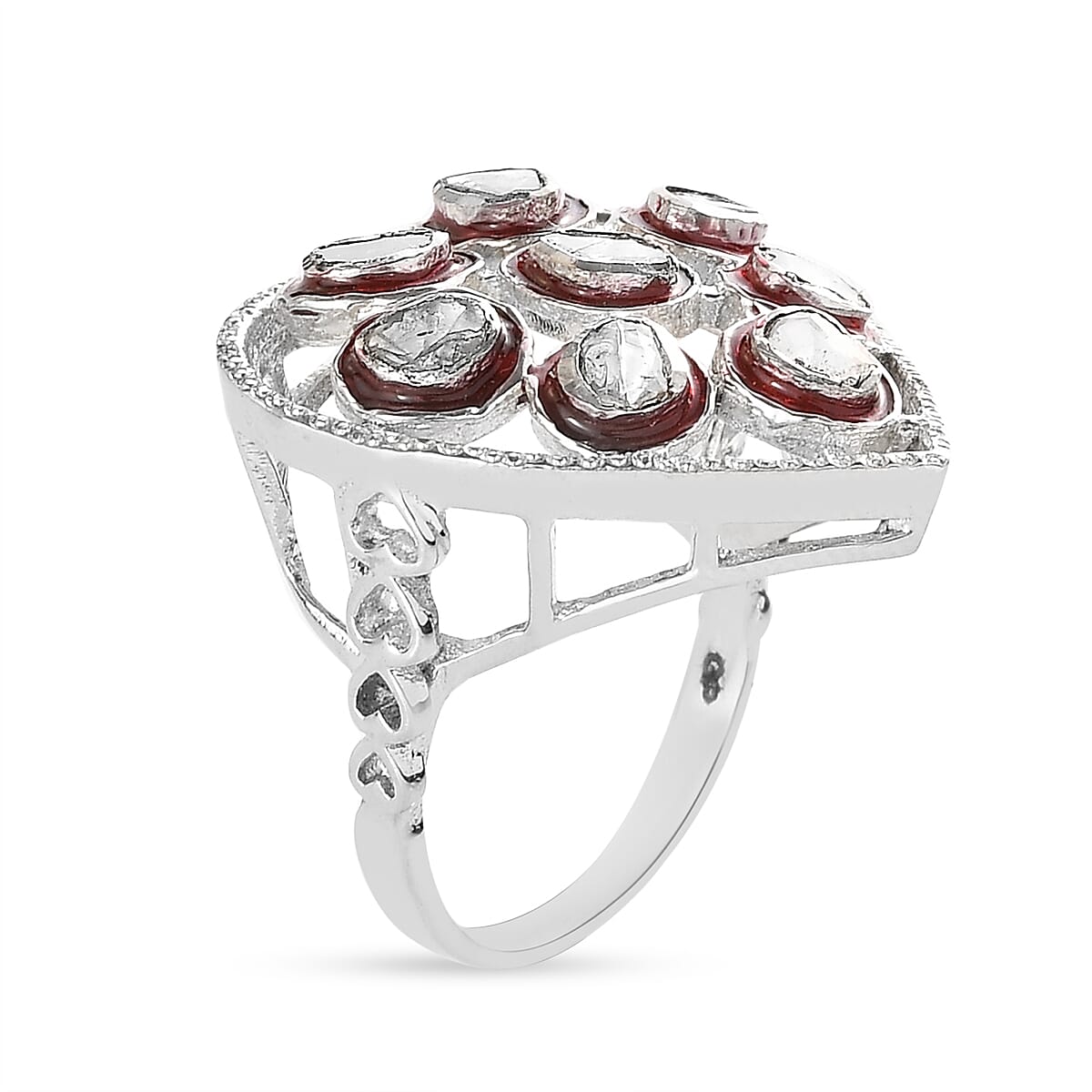 GP Amore Collection - Polki Diamond Heart Ring in Platinum Overlay Sterling Silver 0.51 Ct, Silver Wt. 6.00 Gms 7630835 3