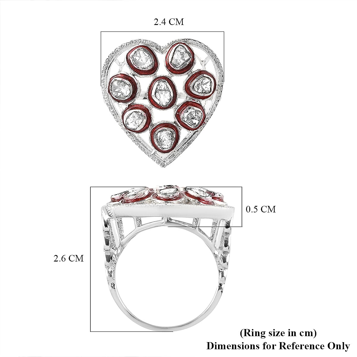 GP Amore Collection - Polki Diamond Heart Ring in Platinum Overlay Sterling Silver 0.51 Ct, Silver Wt. 6.00 Gms 7630835 5