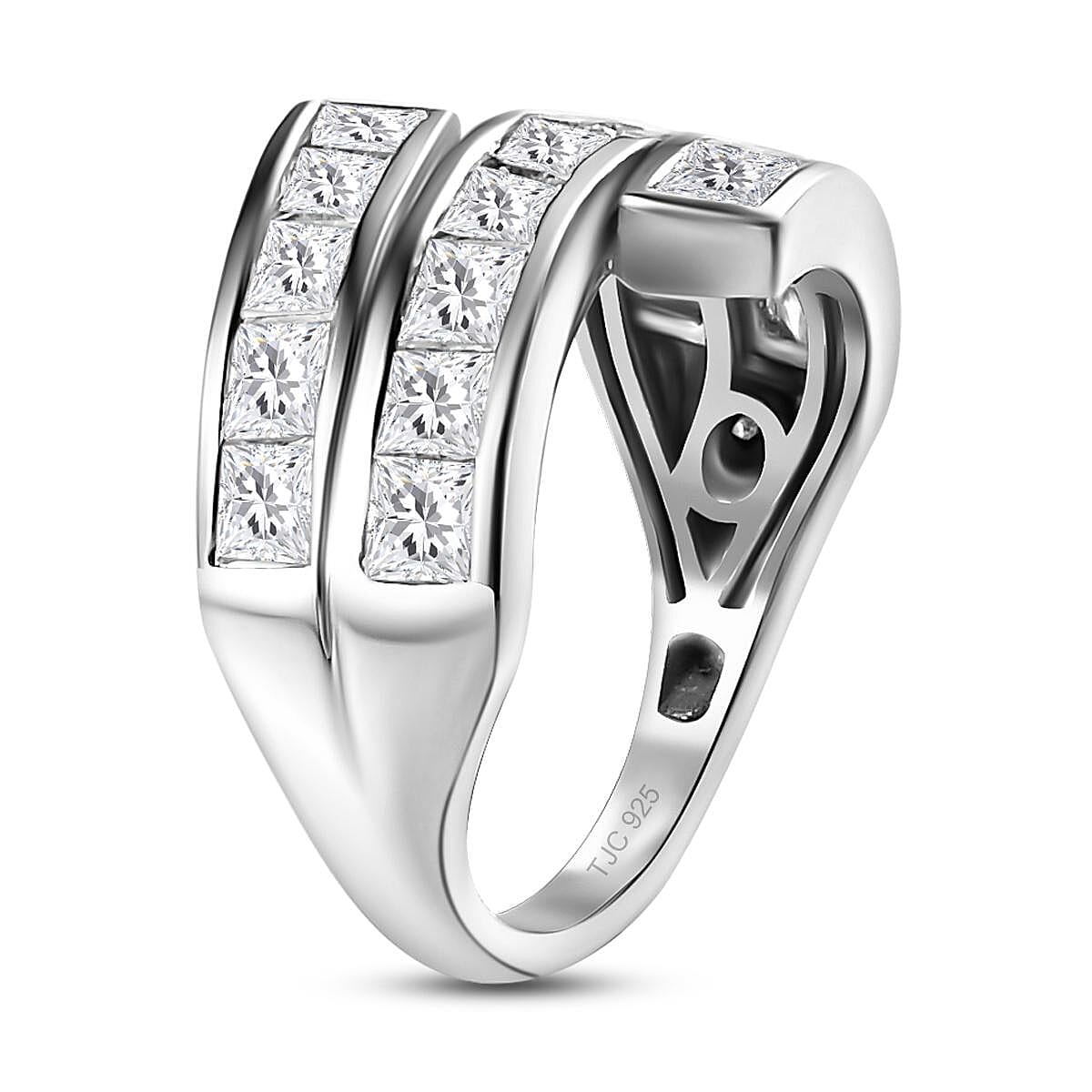 GP Art Deco Collection - Moissanite, Kanchanaburi Blue Sapphire Cluster Ring in Platinum Overlay Sterling Silver 3.061 Ct 7212923 4