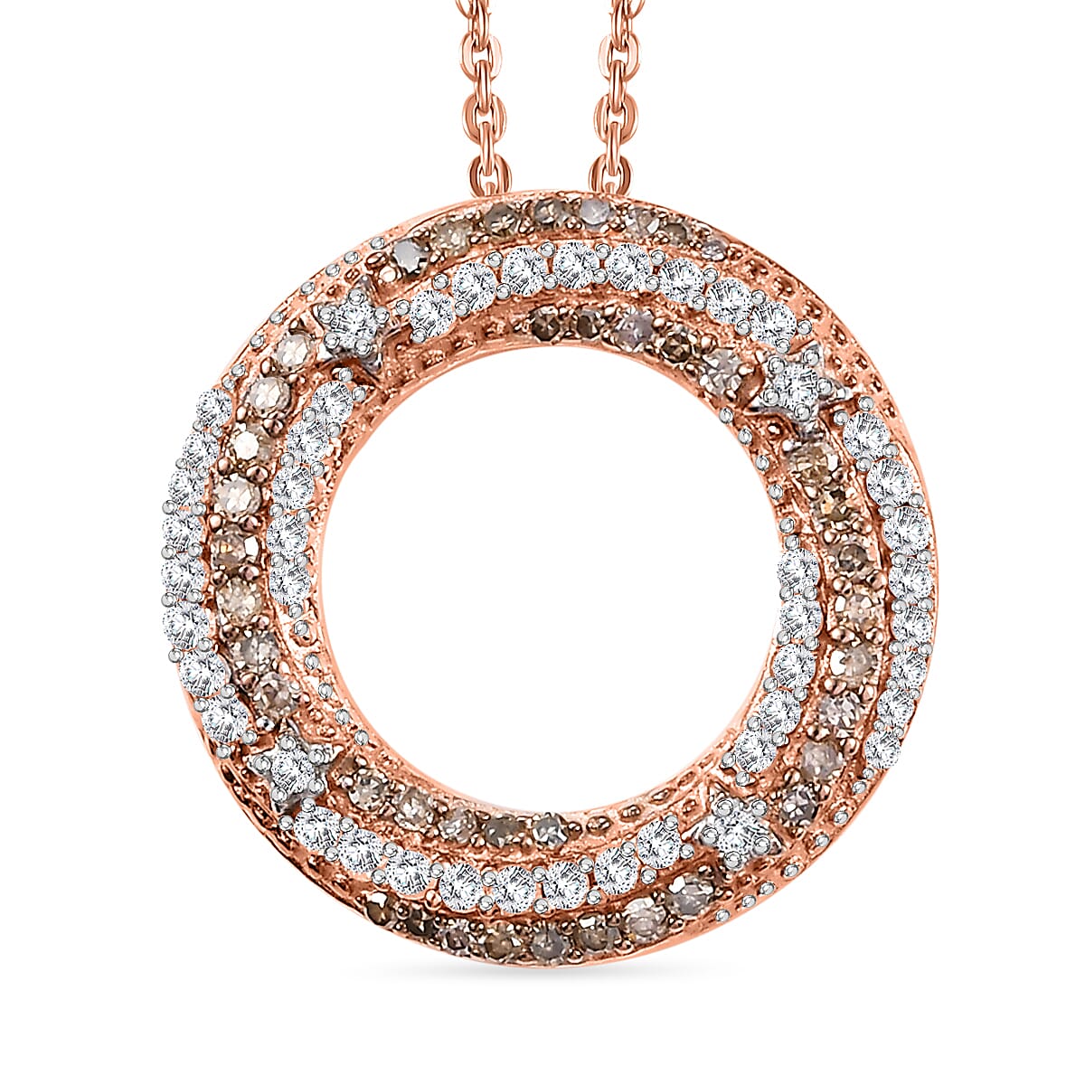 GP Art Deco Collection - White Diamond, Champagne Diamond Circle Pendant with Chain (Size 20) in 18K Vermeil Rose Gold and Rhodium Overlay Sterling Silver 0.50Ct. 4329590 0