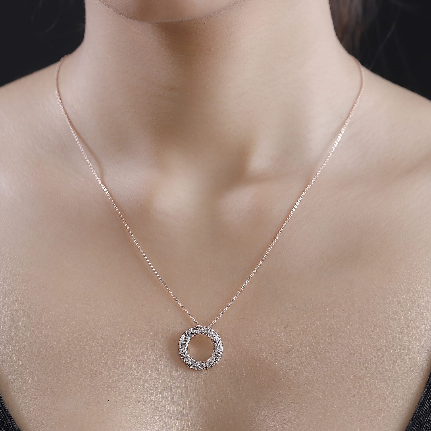 GP Art Deco Collection - White Diamond, Champagne Diamond Circle Pendant with Chain (Size 20) in 18K Vermeil Rose Gold and Rhodium Overlay Sterling Silver 0.50Ct. 4329590 2