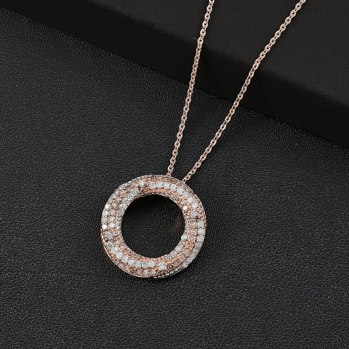 GP Art Deco Collection - White Diamond, Champagne Diamond Circle Pendant with Chain (Size 20) in 18K Vermeil Rose Gold and Rhodium Overlay Sterling Silver 0.50Ct. 4329590 3
