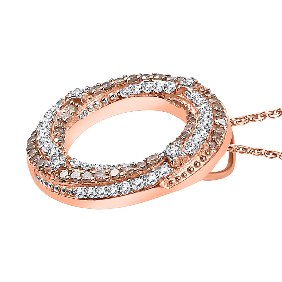 GP Art Deco Collection - White Diamond, Champagne Diamond Circle Pendant with Chain (Size 20) in 18K Vermeil Rose Gold and Rhodium Overlay Sterling Silver 0.50Ct. 4329590 4
