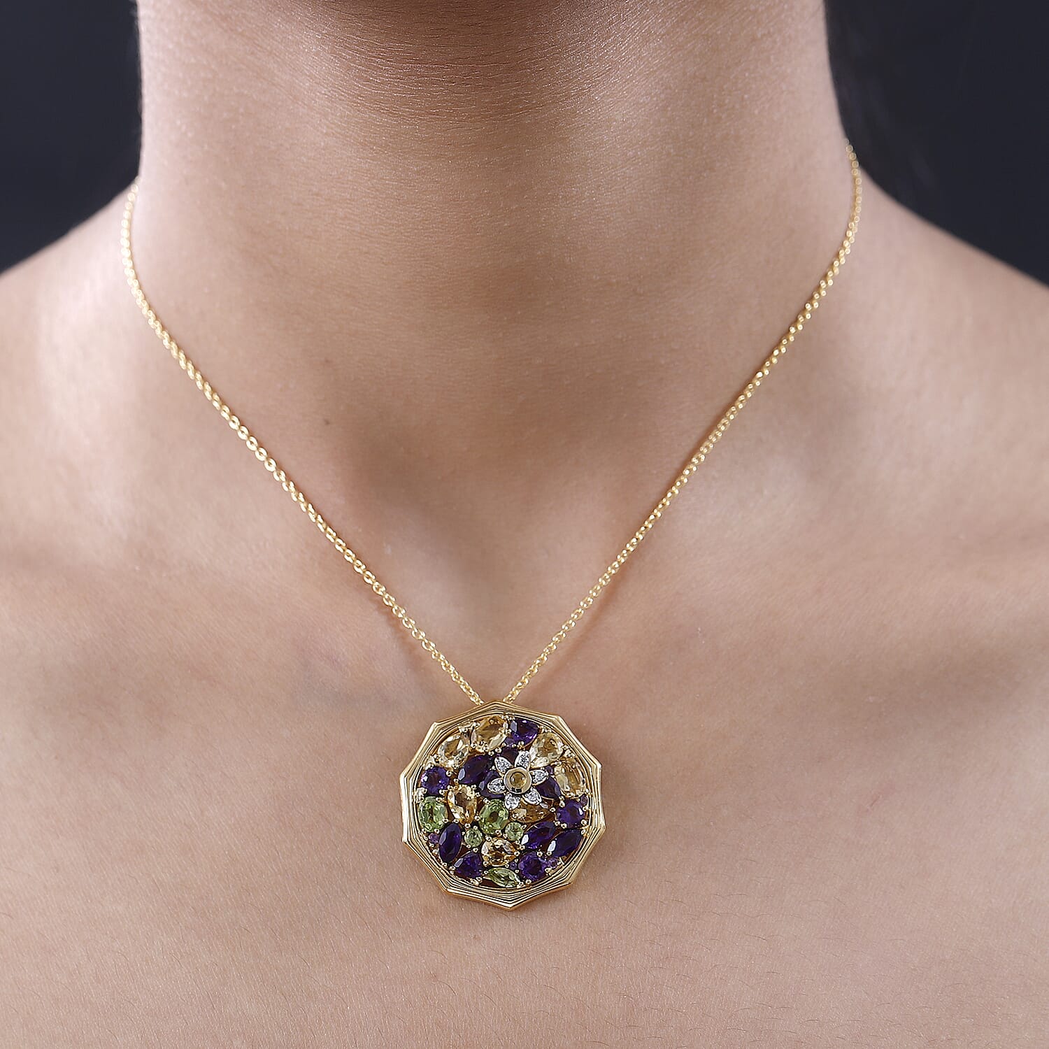 GP- Bamboo Collection - Citrine and Multi Gemstone Pendant with Chain (Size 20) in 18K Yellow Gold Vermeil Plated Sterling Silver 6.84 Ct 4167774 3