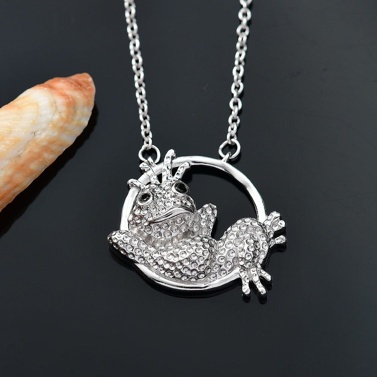 GP Black Spinel &amp; Blue Sapphire Frog Necklace (Size - 20) in Rhodium Overlay Sterling Silver 8087732 4