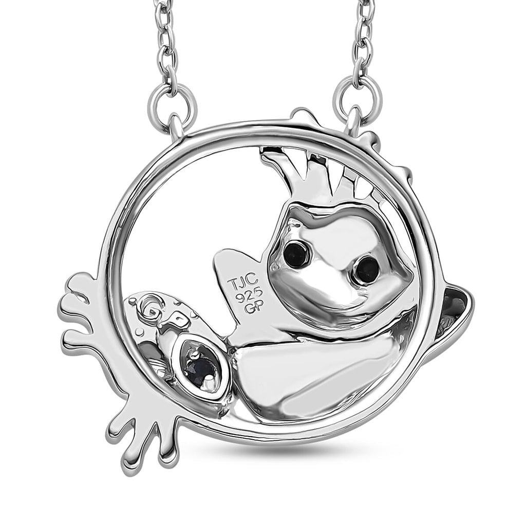 GP Black Spinel & Blue Sapphire Frog Necklace (Size - 20) in Rhodium Overlay Sterling Silver