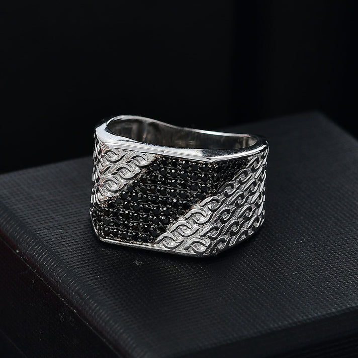 GP Collection - Black Spinel and Blue Sapphire Ring in Rhodium Overlay Sterling Silver 8018937 2