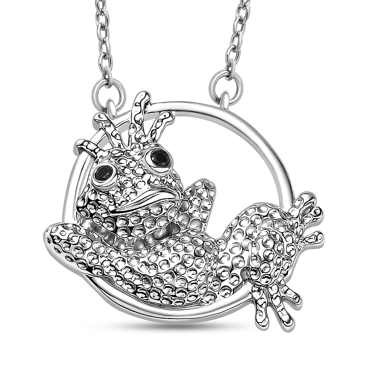 GP Black Spinel &amp; Blue Sapphire Frog Necklace (Size - 20) in Rhodium Overlay Sterling Silver 8087732 2