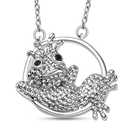GP Black Spinel &amp; Blue Sapphire Frog Necklace (Size - 20) in Rhodium Overlay Sterling Silver 8087732 2
