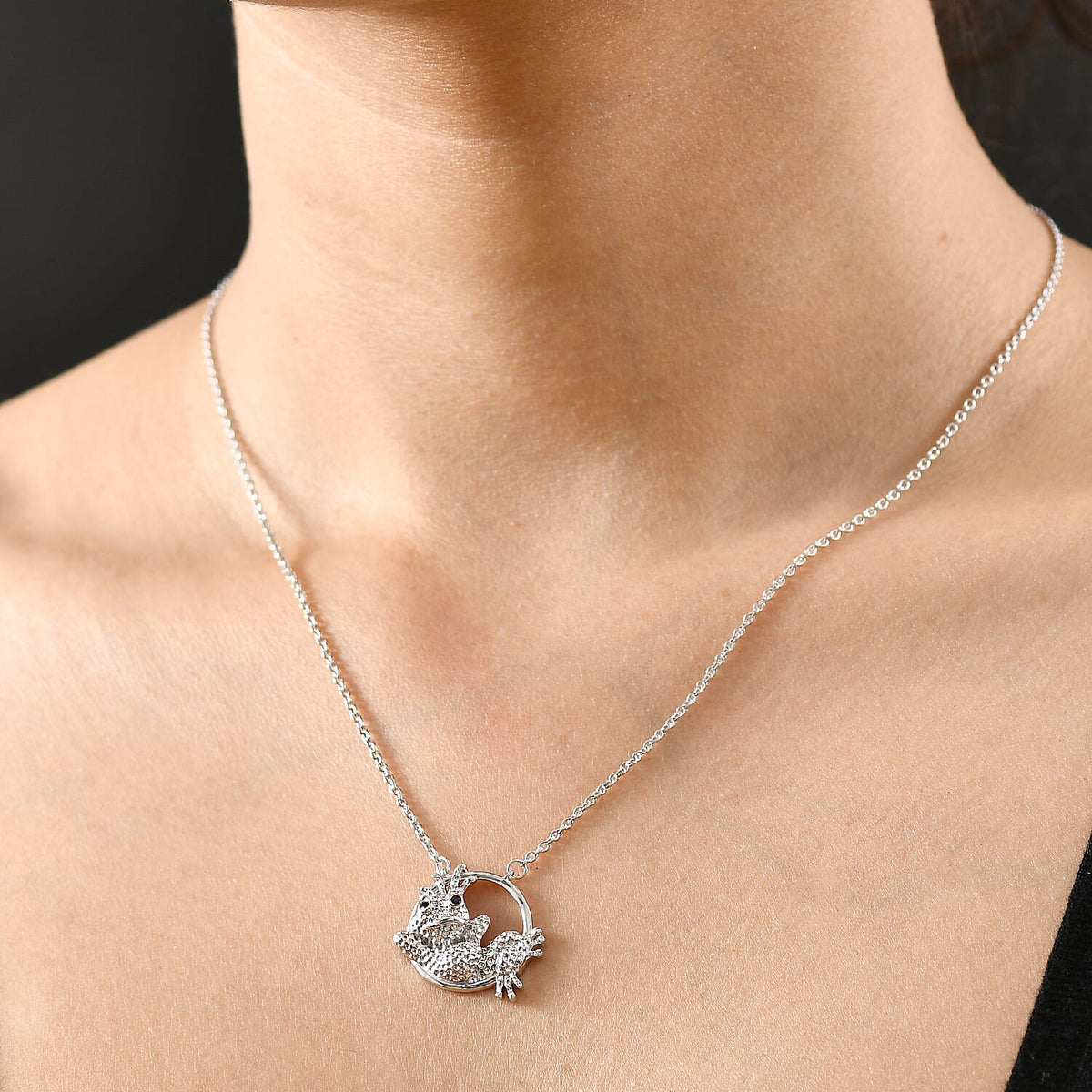 GP Black Spinel &amp; Blue Sapphire Frog Necklace (Size - 20) in Rhodium Overlay Sterling Silver 8087732 8