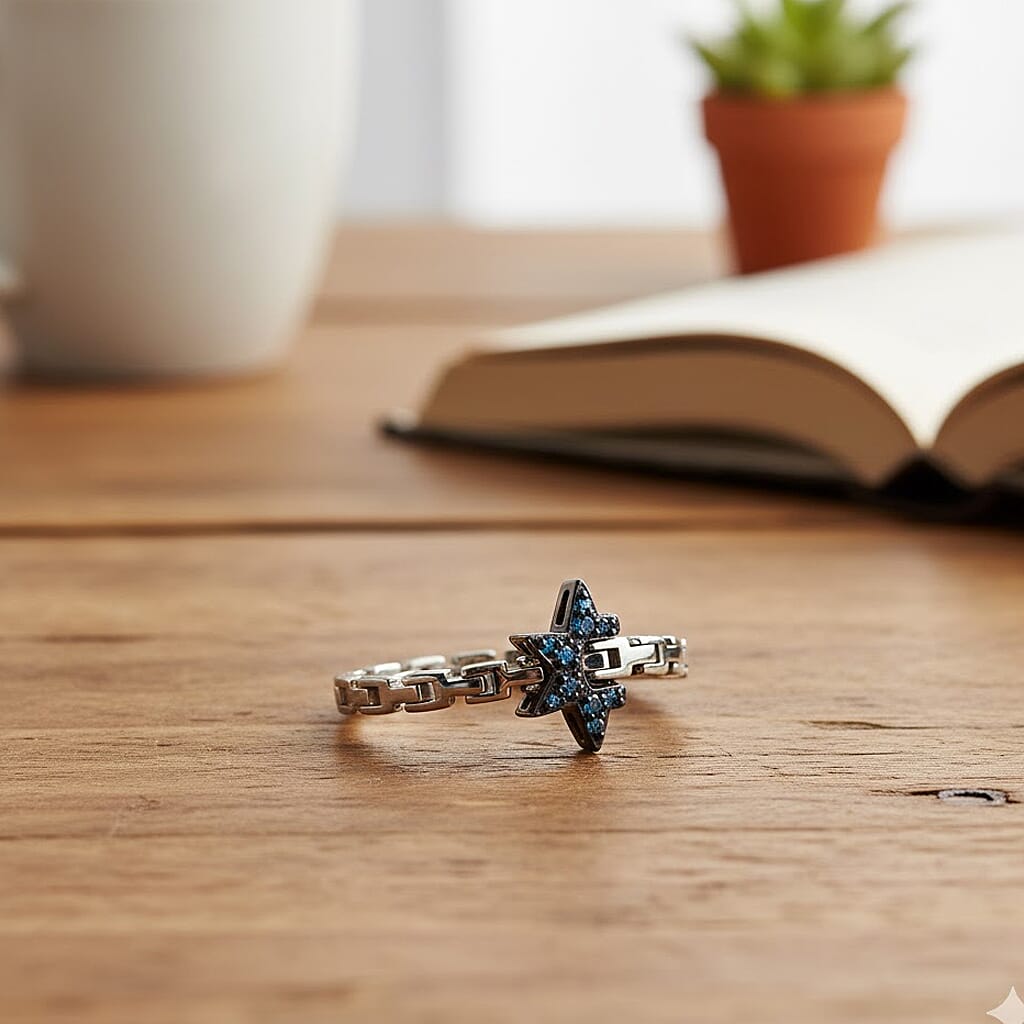 GP Blue Diamond & Kanchanaburi Blue Sapphire Adjustable Ring in Rhodium Overlay Sterling Silver