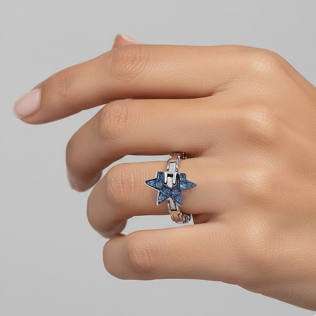 GP Blue Diamond &amp; Kanchanaburi Blue Sapphire Adjustable Ring in Rhodium Overlay Sterling Silver 8325059 2