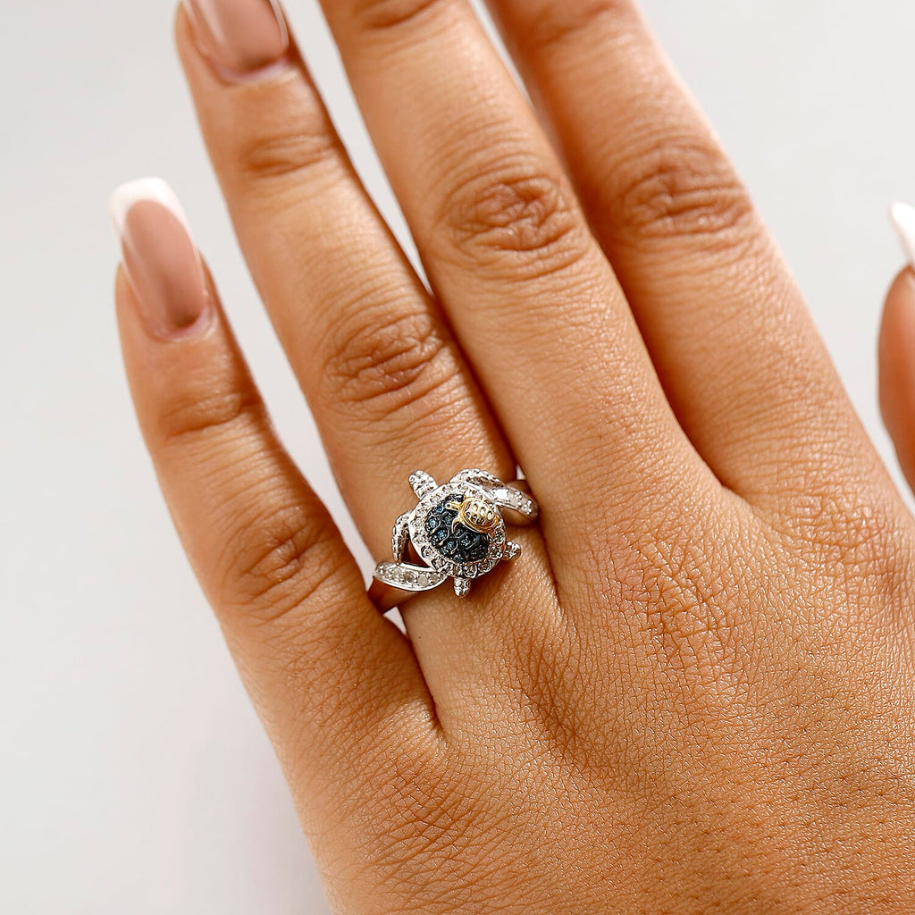 GP Italian Garden Collection - Blue Diamond, Kanchanaburi Blue Sapphire & White Diamond  Ring in Rhodium Overlay Sterling Silver 0.30 Ct.