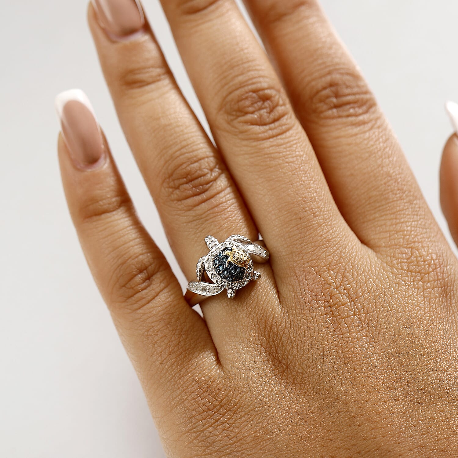 GP Italian Garden Collection - Blue Diamond, Kanchanaburi Blue Sapphire &amp; White Diamond  Ring in Rhodium Overlay Sterling Silver 0.30 Ct. 8043906 2