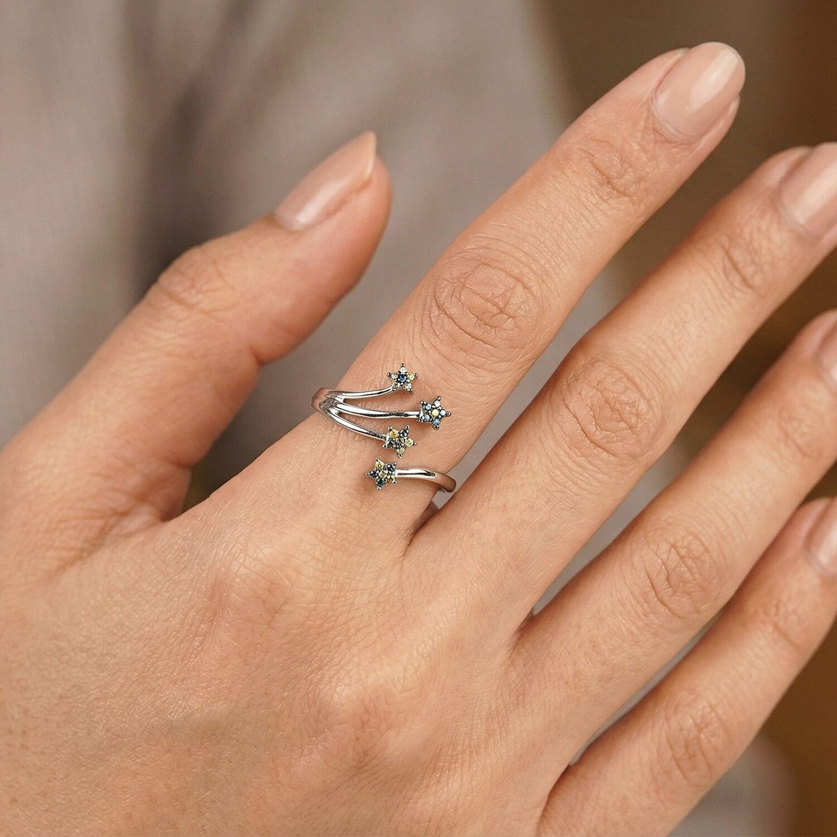 GP - Celestial Dream Collection - Multi Diamond &amp; Blue Sapphire Shooting Star Ring in Rhodium Overlay Sterling Silver 8528233 1