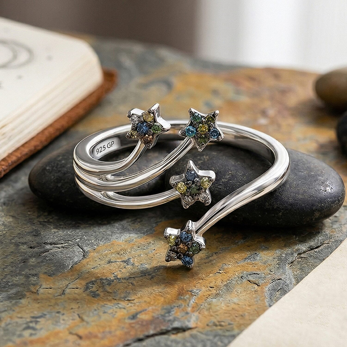 GP - Celestial Dream Collection - Multi Diamond &amp; Blue Sapphire Shooting Star Ring in Rhodium Overlay Sterling Silver 8528233 2
