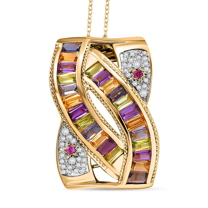 GP Celestial Collection - African Amethyst &amp; Multi Gemstones Pendant with Chain (Size - 20) in 18K Vermeil Yellow Gold Plated Sterling Silver 4.15 Ct, Silver Wt. 10.97 Gms. 4339050 1