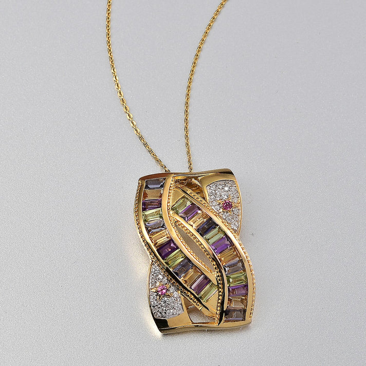 GP Celestial Collection - African Amethyst &amp; Multi Gemstones Pendant with Chain (Size - 20) in 18K Vermeil Yellow Gold Plated Sterling Silver 4.15 Ct, Silver Wt. 10.97 Gms. 4339050 2