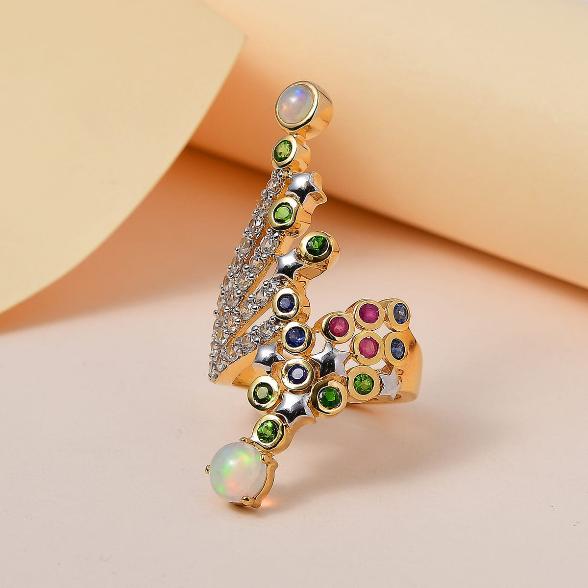 GP Celestial Dream Collection - Ethiopian Welo Opal, African Ruby and Multi Gemstone Ring in Rhodium Overlay and 18K Vermeil Yellow Gold Plating Sterling Silver 2.86 Ct, Silver Wt. 6.81 Gms. 7488526 3