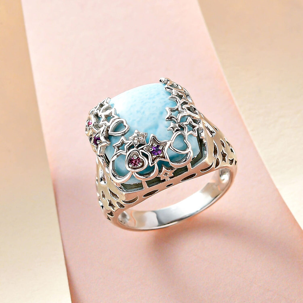 GP Celestial Dream Collection - Larimar, Natural Zircon and Multi Gemstone Ring in Platinum Overlay Sterling Silver 14.09 Ct, Silver Wt 6.30 Gms