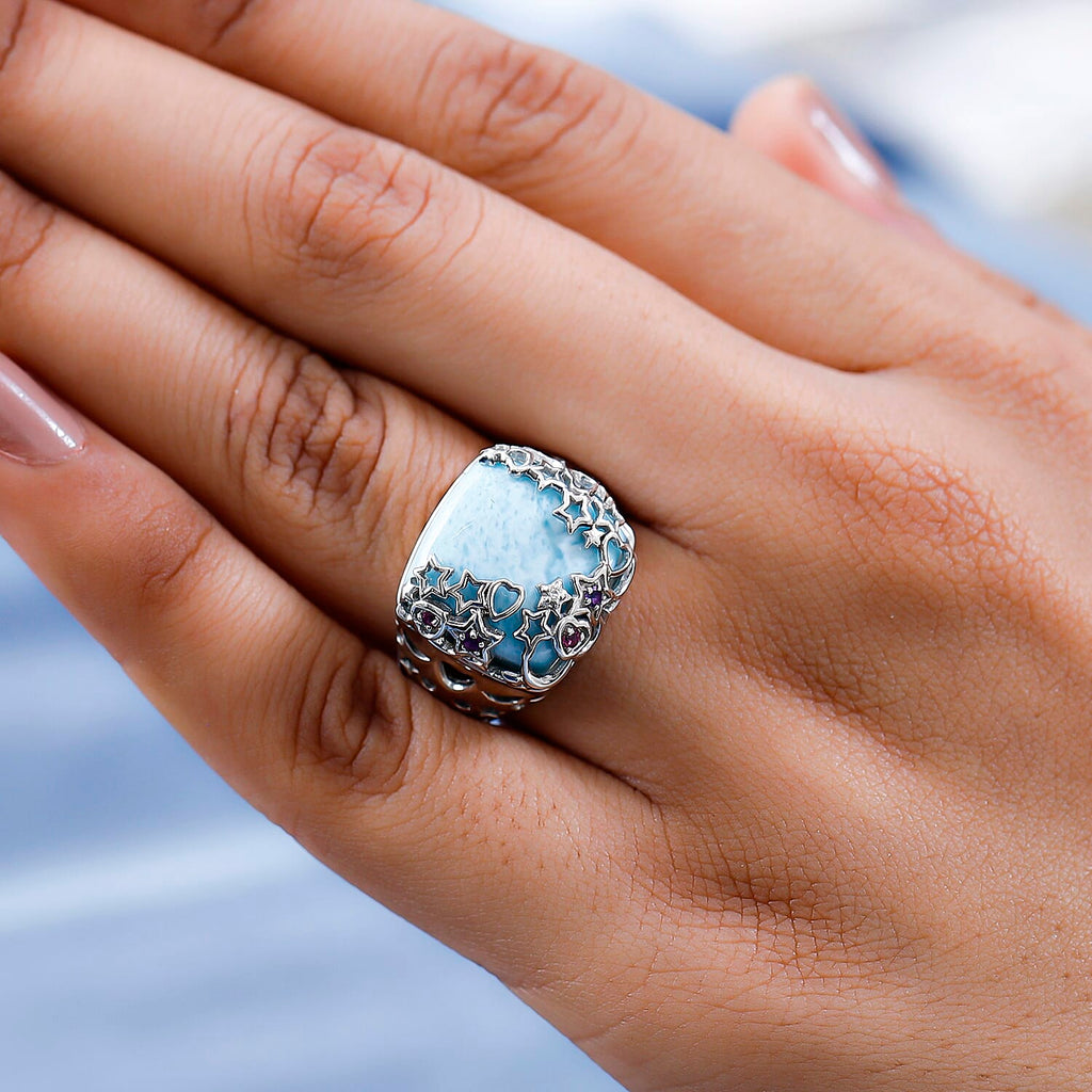 GP Celestial Dream Collection - Larimar, Natural Zircon and Multi Gemstone Ring in Platinum Overlay Sterling Silver 14.09 Ct, Silver Wt 6.30 Gms