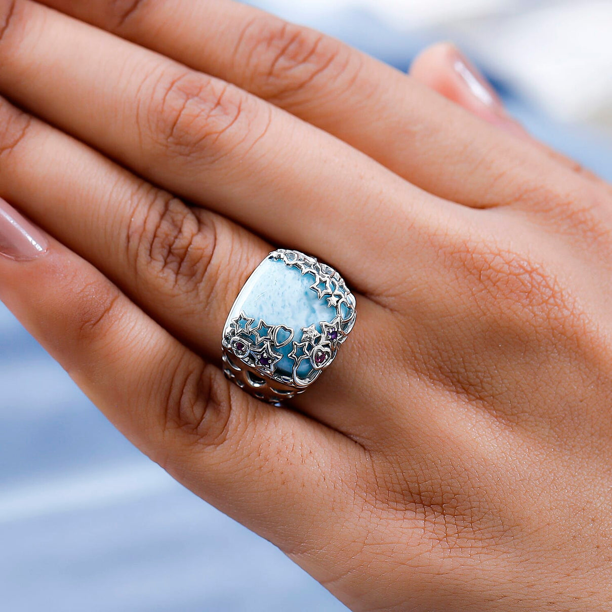 GP Celestial Dream Collection - Larimar, Natural Zircon and Multi Gemstone Ring in Platinum Overlay Sterling Silver 14.09 Ct, Silver Wt 6.30 Gms 7280464 4