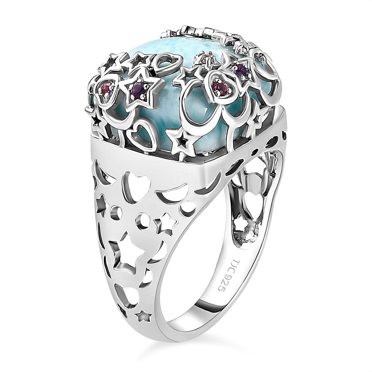 GP Celestial Dream Collection - Larimar, Natural Zircon and Multi Gemstone Ring in Platinum Overlay Sterling Silver 14.09 Ct, Silver Wt 6.30 Gms 7280464 6