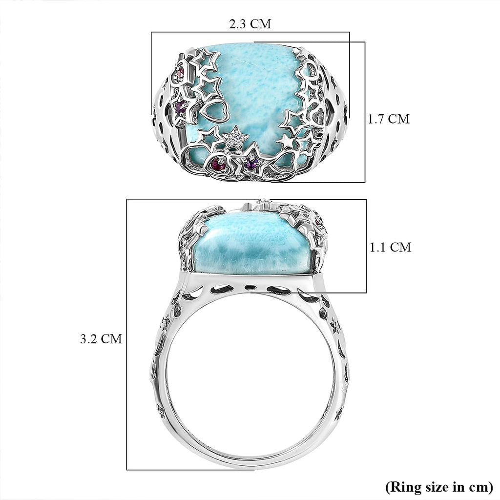 GP Celestial Dream Collection - Larimar, Natural Zircon and Multi Gemstone Ring in Platinum Overlay Sterling Silver 14.09 Ct, Silver Wt 6.30 Gms