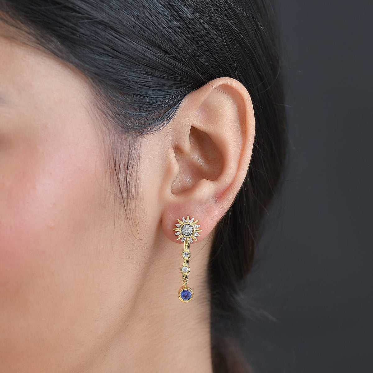 GP Celestial Dream Collection - Tanzanite, Blue Sapphire &amp; White Zircon Dangling Earring with Push Back in 18K Vermeil Yellow Gold Plated Sterling Silver 1.02 Ct. 8320949 3