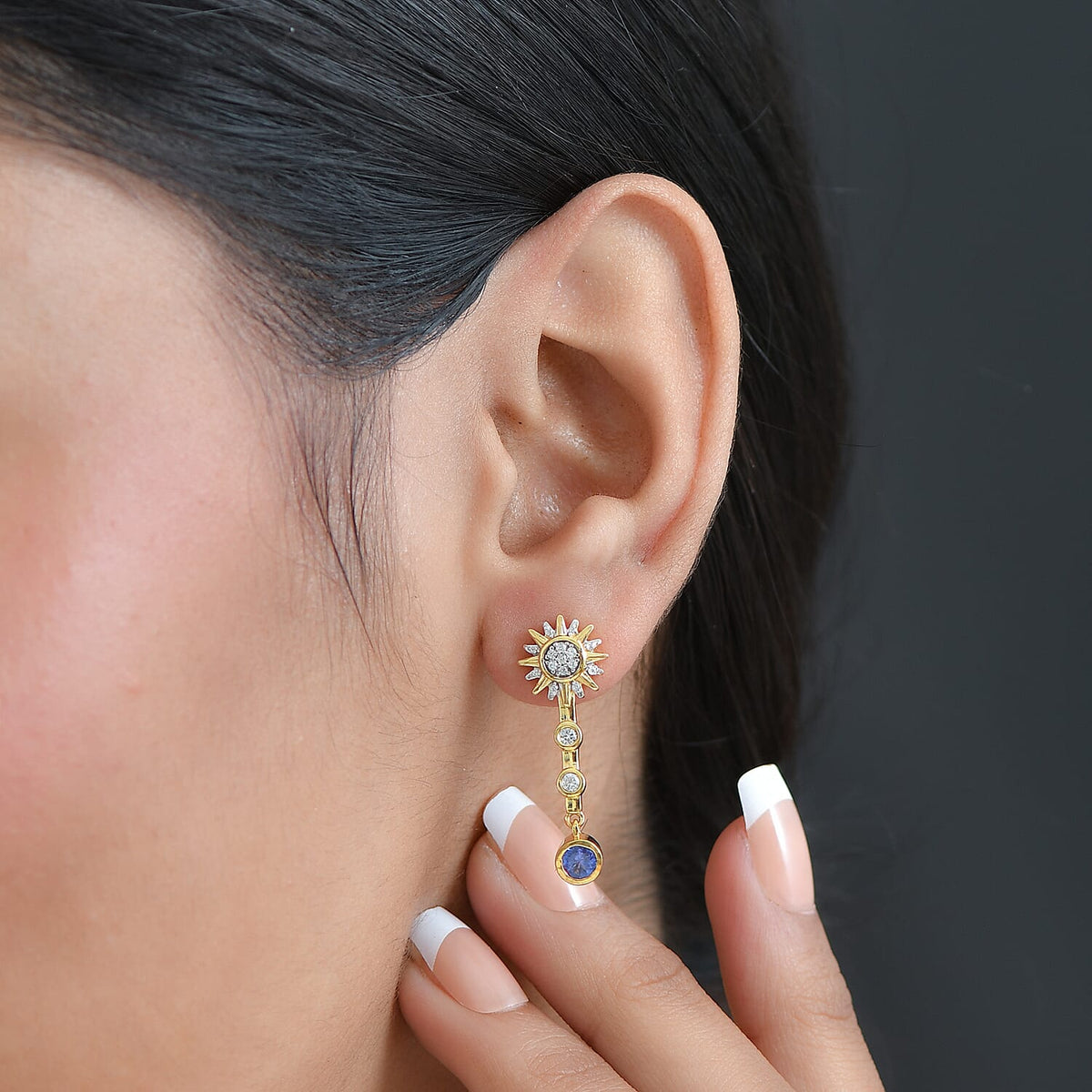 GP Celestial Dream Collection - Tanzanite, Blue Sapphire &amp; White Zircon Dangling Earring with Push Back in 18K Vermeil Yellow Gold Plated Sterling Silver 1.02 Ct. 8320949 4