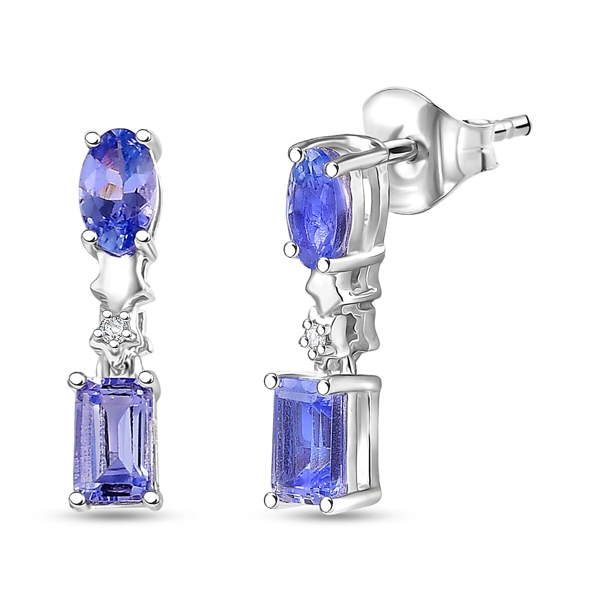 Tanzanite, Blue Sapphire &amp; White Zircon Dangling Earring with Push Back in Rhodium Overlay Sterling Silver 1.13 Ct. 8321446 0