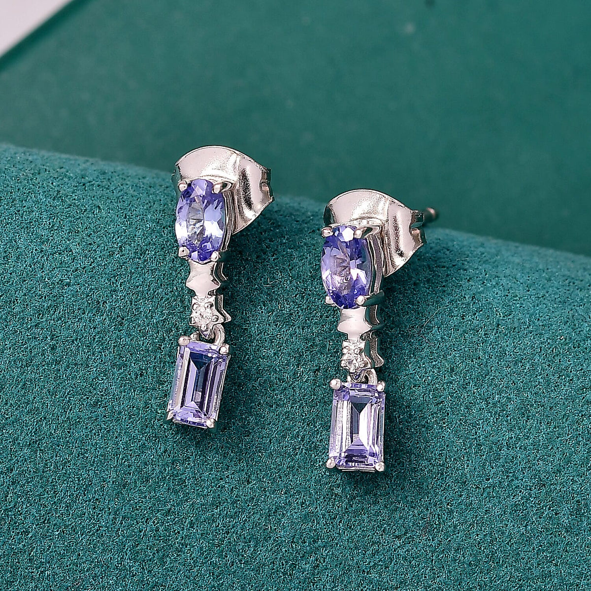 Tanzanite, Blue Sapphire &amp; White Zircon Dangling Earring with Push Back in Rhodium Overlay Sterling Silver 1.13 Ct. 8321446 2