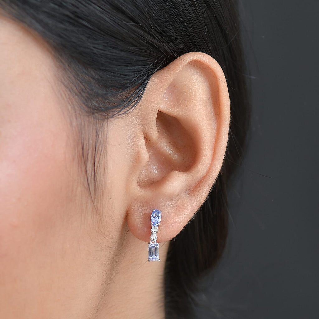 Tanzanite, Blue Sapphire & White Zircon Dangling Earring with Push Back in Rhodium Overlay Sterling Silver 1.13 Ct.