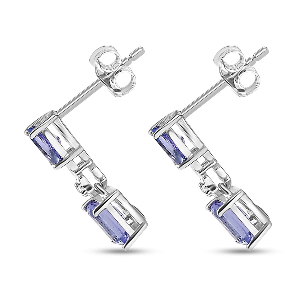 Tanzanite, Blue Sapphire & White Zircon Dangling Earring with Push Back in Rhodium Overlay Sterling Silver 1.13 Ct.