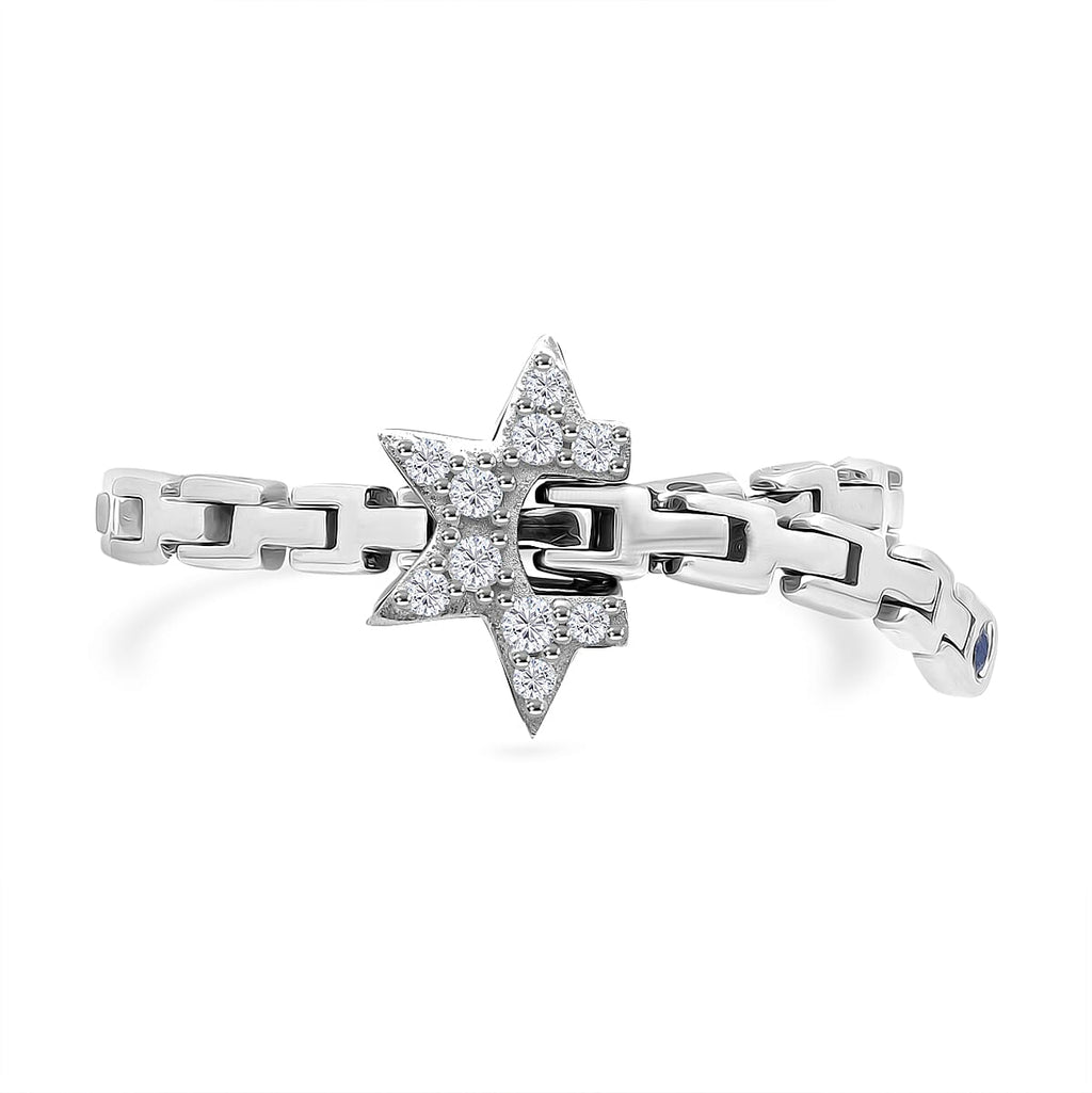 GP Celestial Dream Collection - White Diamond (S-C-P-F1) & Kanchanaburi Blue Sapphire Adjustable Ring (Size Adjustable Belt with Fancy PIN Lock) in Rhodium Overlay Sterling Silver 0.13 Ct.