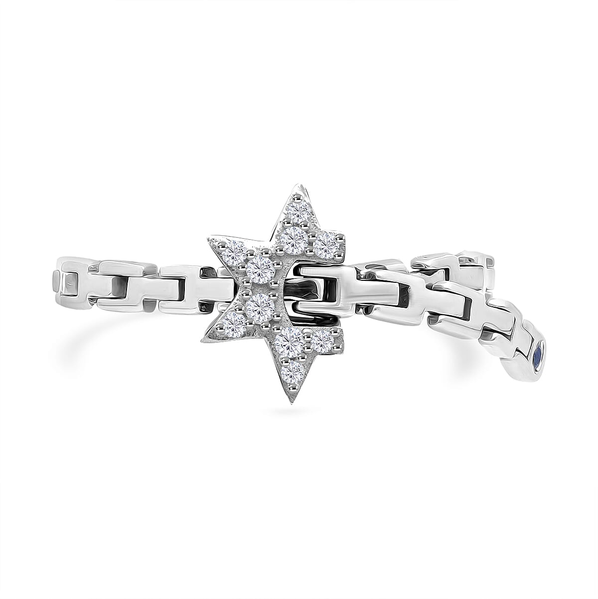 GP Celestial Dream Collection - White Diamond &amp; Kanchanaburi Blue Sapphire Adjustable Ring (Size Adjustable Belt with Fancy PIN Lock) in Rhodium Overlay Sterling Silver 0.13 Ct. 8325062 0