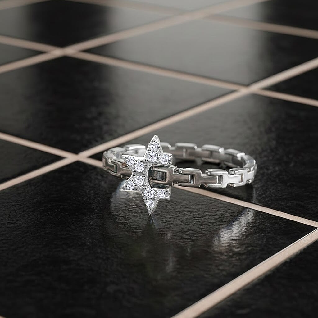 GP Celestial Dream Collection - White Diamond &amp; Kanchanaburi Blue Sapphire Adjustable Ring (Size Adjustable Belt with Fancy PIN Lock) in Rhodium Overlay Sterling Silver 0.13 Ct. 8325062 2