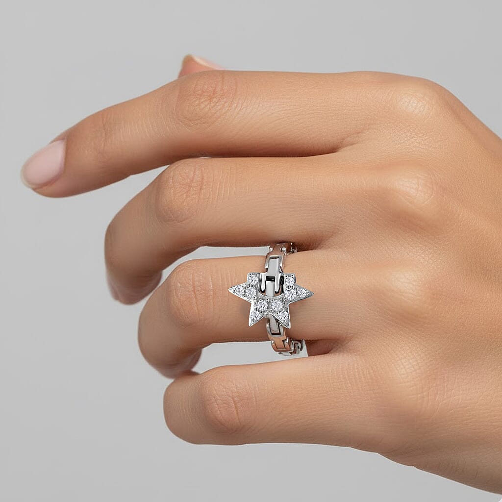 GP Celestial Dream Collection - White Diamond &amp; Kanchanaburi Blue Sapphire Adjustable Ring (Size Adjustable Belt with Fancy PIN Lock) in Rhodium Overlay Sterling Silver 0.13 Ct. 8325062 3