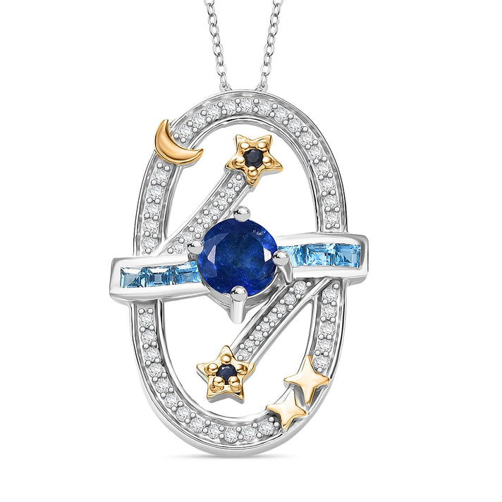 GP Celestial Dream Collection - Kyanite, Swiss Blue Topaz, White Zircon &amp; Kanchanaburi Blue Sapphire Pendant with Chain (Size 20) in Two Tone Plated Sterling Silver 1.89 Ct, Silver Wt. 5.16 Gms. 4428882 1