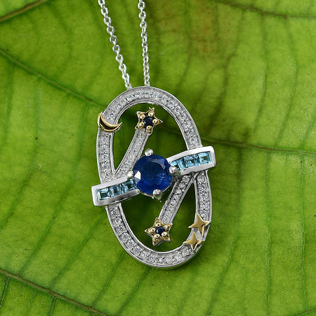 GP Celestial Dream Collection - Kyanite, Swiss Blue Topaz, White Zircon &amp; Kanchanaburi Blue Sapphire Pendant with Chain (Size 20) in Two Tone Plated Sterling Silver 1.89 Ct, Silver Wt. 5.16 Gms. 4428882 2