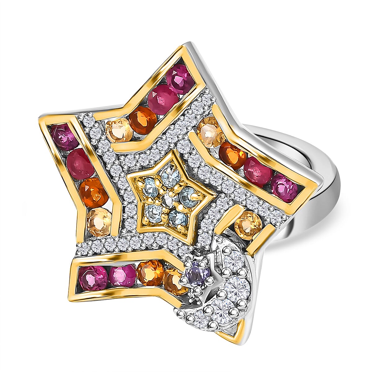 GP Celestial Dream Collection - African Ruby and Multi Gemstone Ring in Platinum Overlay and 18K Yellow Gold Vermeil Plated Sterling Silver 3.38 Ct, Silver Wt. 5.13 Gms. 7489152 1