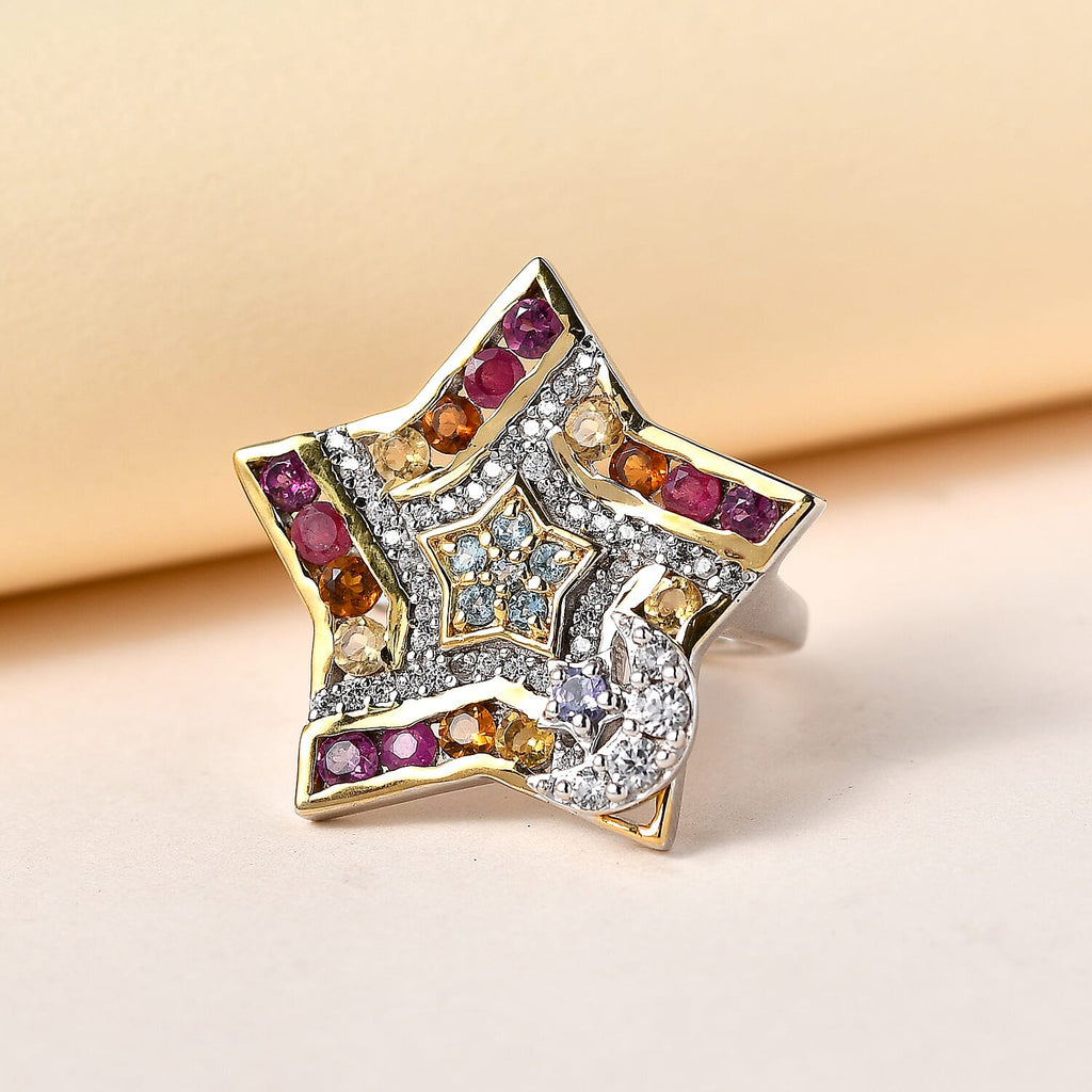 GP Celestial Dream Collection - African Ruby and Multi Gemstone Ring in Platinum Overlay and 18K Yellow Gold Vermeil Plated Sterling Silver 3.38 Ct, Silver Wt. 5.13 Gms.