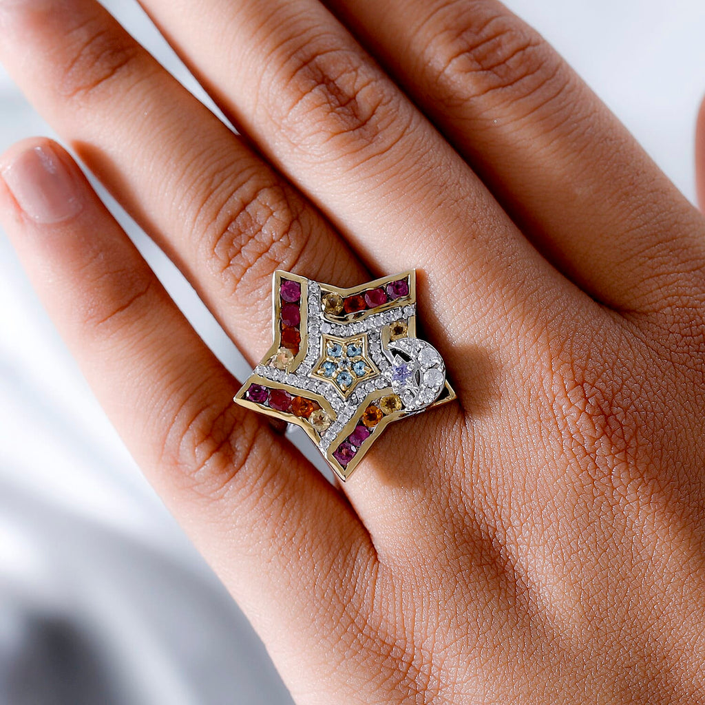 GP Celestial Dream Collection - African Ruby and Multi Gemstone Ring in Platinum Overlay and 18K Yellow Gold Vermeil Plated Sterling Silver 3.38 Ct, Silver Wt. 5.13 Gms.