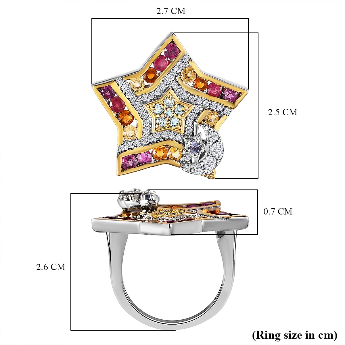 GP Celestial Dream Collection - African Ruby and Multi Gemstone Ring in Platinum Overlay and 18K Yellow Gold Vermeil Plated Sterling Silver 3.38 Ct, Silver Wt. 5.13 Gms. 7489152 11
