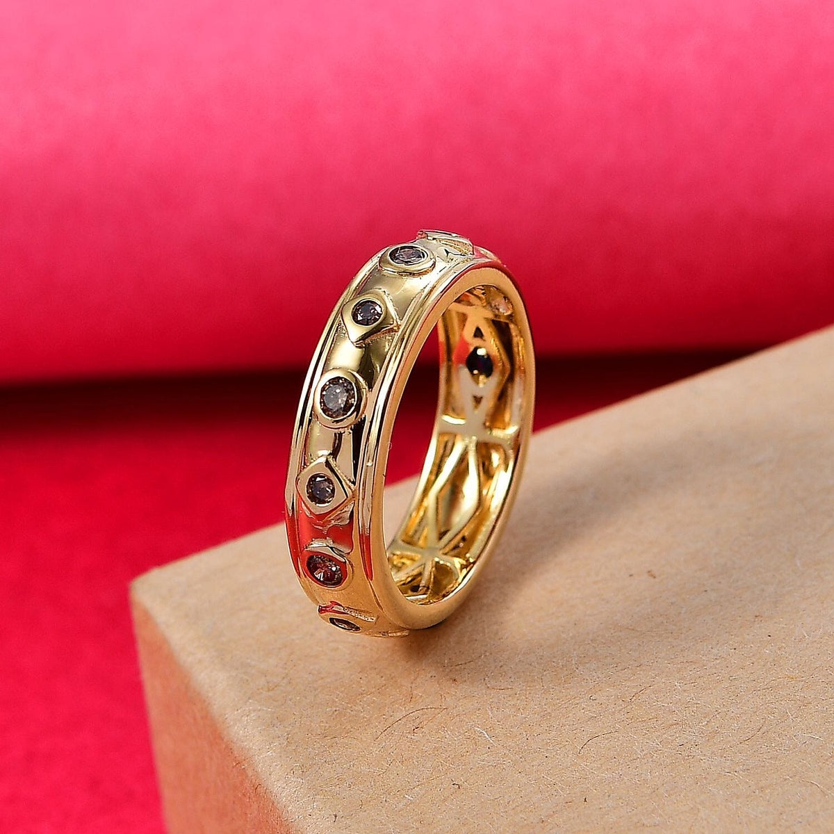 GP Art Deco Collection - Natural Champagne Diamond &amp; Blue Sapphire Band Ring in 18K Vermeil Yellow Gold Plated Sterling Silver 8029021 2
