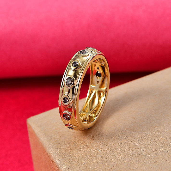 GP Art Deco Collection - Natural Champagne Diamond &amp; Blue Sapphire Band Ring in 18K Vermeil Yellow Gold Plated Sterling Silver 8029021 2
