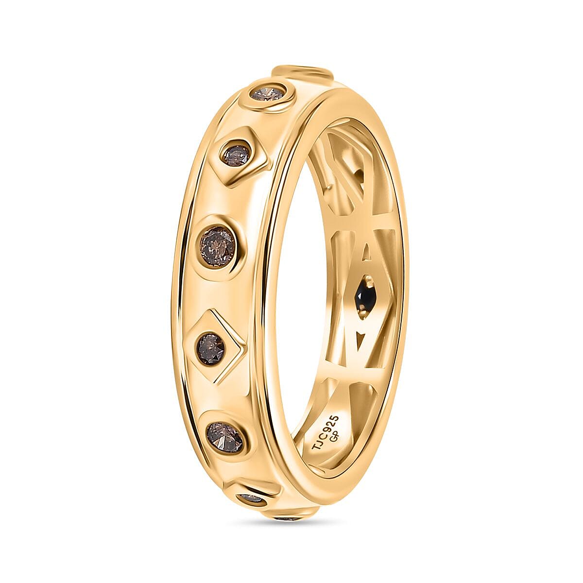 GP Art Deco Collection - Natural Champagne Diamond &amp; Blue Sapphire Band Ring in 18K Vermeil Yellow Gold Plated Sterling Silver 8029021 4